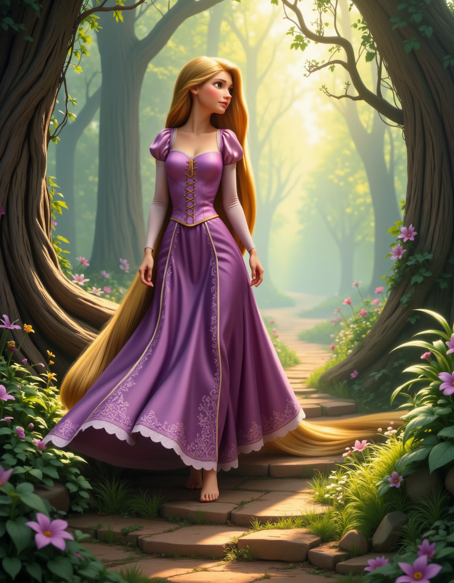 rapunzel, princess rapunzel, long hair rapunzel, Rapunzel is gracefully walking through an enchanted forest, her princess gown contrasting beautifully with the natural surroundings. Her hair trails behind her, brushing against the forest floor, and she looks around with wonder as beams of sunlight filter through the trees, disney style