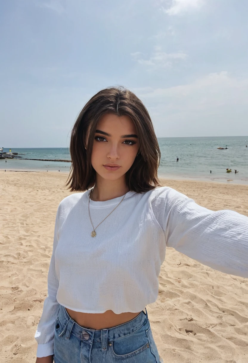 half body photo of a woman, d1x13, brunette,wearing a conservative casual outfit, instagram selfie, at a beach, looking directly at viewer, frontview, light makeup, <lora:Dixie_Damelio_SDXL_blonde_r1:.9>