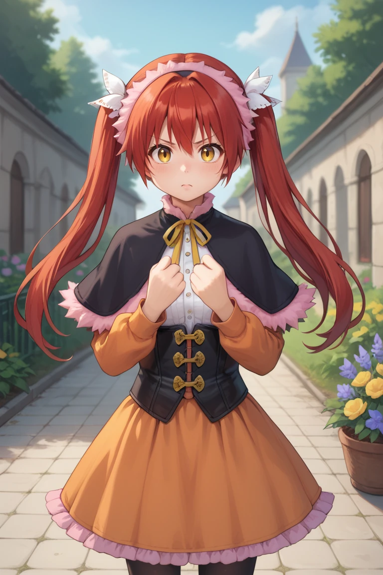 (score_9, score_8_up, score_7_up, score_6_up), source anime, BREAK, <lora:Emilia:0.7> , emidef, 1girl, red hair, long hair, twintails, yellow eyes, pink fur trim, fur-trimmed hairband, fur-trimmed capelet, black capelet, long sleeves, orange sleeves, fur-trimmed dress, (purple dress), (skirt under dress), orange skirt, corset, (layered dress), neck ribbon, black leggings, boots, looking at viewer, tsundere, boxing pose, BREAK, <lora:zy_Detailed_Backgrounds_v1:0.3> , detailed background, highly detailed, exterior, garden, courtyard, scenery, flowers,   <lora:SnowStylePonyXL:0.8>