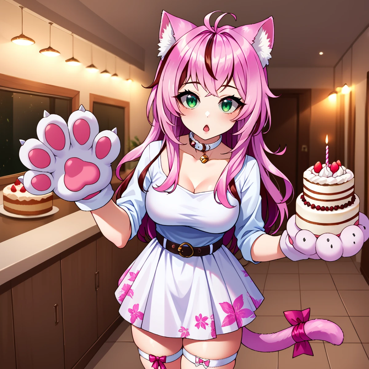 zzHoldingCake, birthday cake, 
kiwi, 1girl, solo, long_hair, looking_at_viewer, gloves, ribbon, animal_ears, :o, surprised,  green_eyes, standing, pink_hair, multicolored_hair, cat_ears,  collar, floral_print, white_skirt, streaked_hair, thigh_strap, pink_ribbon, animal_hands, paw_gloves, belt_collar, white shirt, tail, tail ribbon,
 <lora:HoldingCakePDXL:0.5>,   <lora:Kiwi-ponyxl:0.8>, score_6, score_9, score_8_up, score_7_up, BREAK, source_anime, <lora:Real_Anime_v2:0.2>,  <lora:mfcgXL:0.2>,