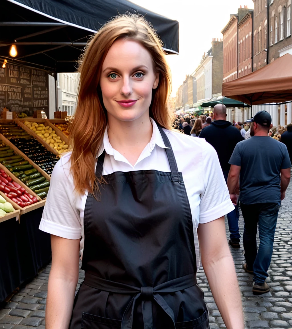 <lora:p34ch_22XL-000008:0.8>, a (close up:1.2) photograph of 22 year old beautiful(p34ch woman:1.1) as a merchant,wearing a (pearl gray) (shopkeepers apron:1.2)over(black shirt:1.1),holding a (large jar of pickles:1.4),standing in front of a (produce stand:1.1),at a busy street market on cobblestone street,crowded with shoppers,long dark ginger hair,smirk,lips,makeup and eyeshadow,(face focus) (upper body:1.1),(medium close up shot)professional portrait, 4k wallpaper, highly detailed, bokeh