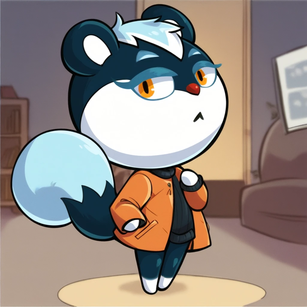 <lora:Tasha_AnimalCrossing-05:1> score_9, score_8_up, score_7_up, source_furry BREAK, tasha_animalcrossing, furry female, squirrel girl, orange jacket, sweater, standing, indoors, living room, chibi, skinny