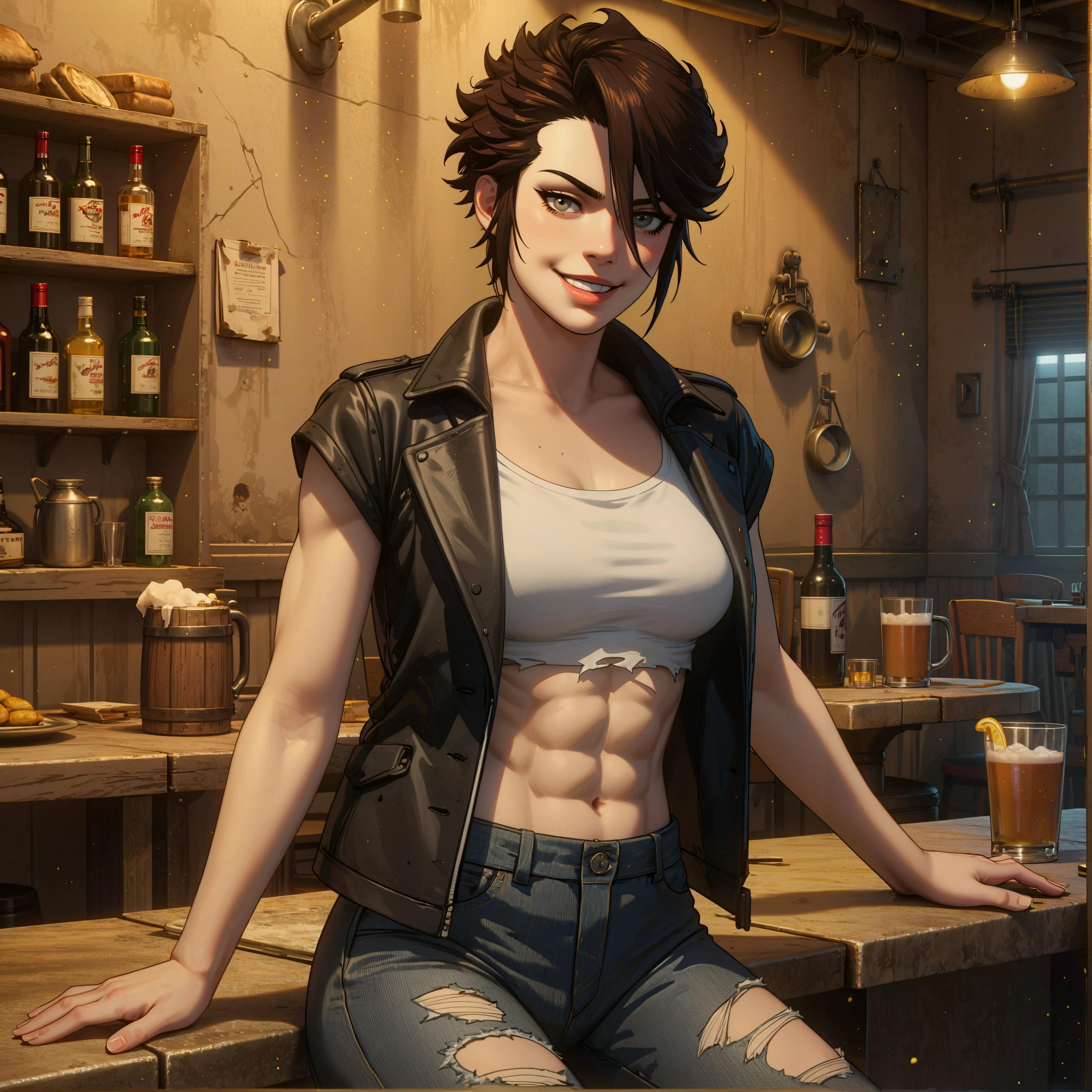 score_9, score_8_up, score_7_up, score_6_up, score_5_up, score_4_up, best quality, highly detailed, (masterpiece),  1girl, brown hair, grey eyes, eikotz, tomboy, short hair, medium breasts, fit, abs, drunk,  dimly lit bar, black leather jacket, cropped white t-shirt, ripped faded jeans, scuffed boots, three-quarter view, confident smile, seductive gaze, rustic vibe, tomboy charm, laid-back atmosphere, edgy and alluring,  dark theme, low light,   <lora:Selftrained-Tests\Eiko-TerminatorZeroHighDimm:0.7>