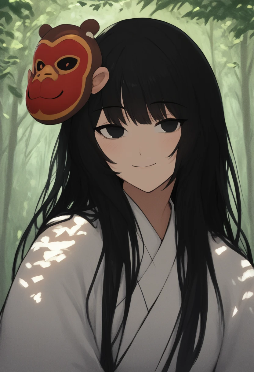 score_8_up, woman, smile, long hair, black hair, black eyes, looking at viewer, seductive smile, light blush, outdoors, forest, upper body, shade, monkey mask, white kimono, mask on head, 
<lora:DarkerThanDarkV1.5:0.5> 
<lora:AnimalMasks-000009:1>