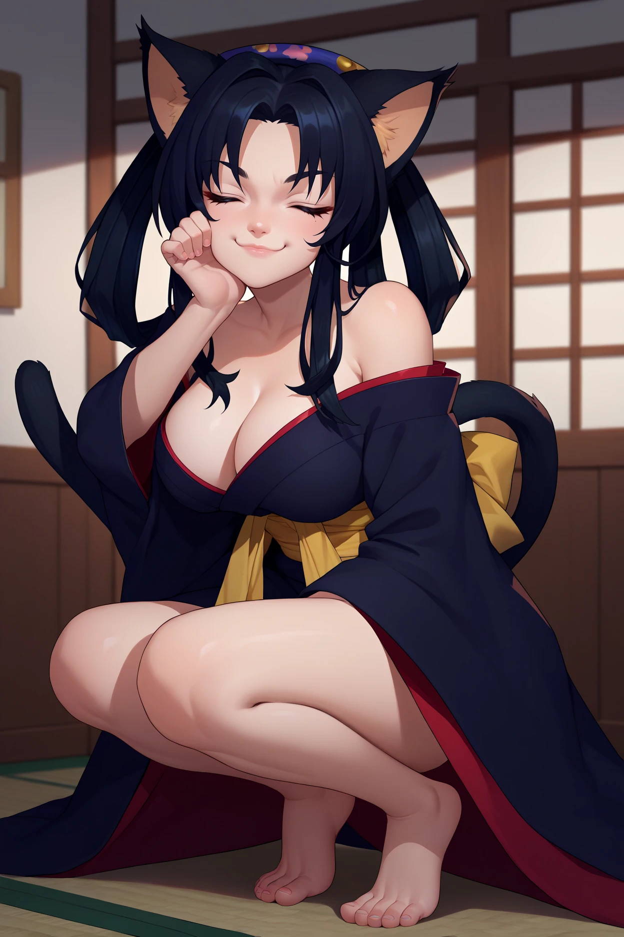 score_9, score_8_up, score_7_up, score_6_up, source_anime, 1girl, <lora:kuroka-pdxl-nvwls-v1-000005:1> dxdKu, cat ears, black hair, closed eyes, hairband, hair rings, black kimono, off shoulder, cleavage, yellow sash, multiple tails, large breasts, squatting, smug, barefoot, looking at you, happy, paw pose, hand to own face, indoors