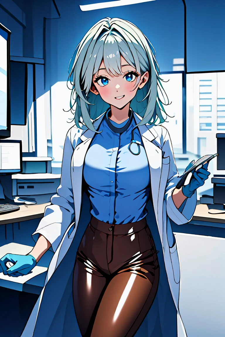 (RAW photo, best quality,facing the viewer,from front), operating room, overhead surgical light,blurred background, focused, dithering,backlighting,
 <lora:CMC924_Jade_Yamamoto_V1.0:0.9> cmc924, jade yamamoto, 1girl, solo, green hair, blue eyes,
 <lora:Doctor_Modern_Uniform_V2.0:0.8> doctor_modern_uniform, 1girl, solo, looking at viewer, smile, pink_shirt, labcoat, blue_gloves, stethoscope, doctor,latex pants, brown_pants,