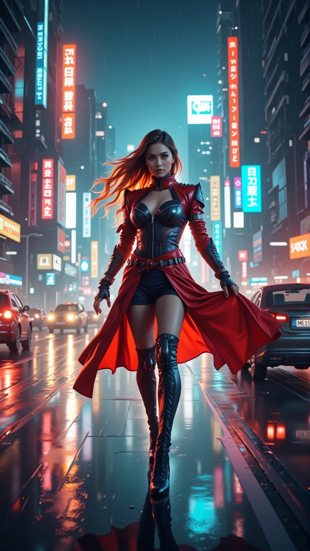 A professional photo of digital painting, vibrant colors, neon lights, cityscape, skyscrapers, rain, reflections, motion blur, dynamic pose, futuristic fashion, detailed costume, high heels, confident expression, cyberpunk, atmospheric, energetic, artstation, concept art, illustration, wide angle, dramatic lighting, artbook, wallpaper, promo art, splash art