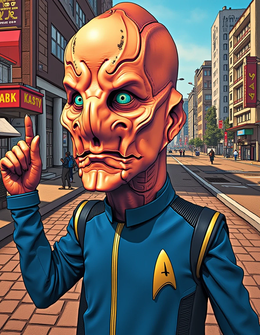 GTA-style artwork <lora:saru-flux:1.0>  bald, star trek, discovery, extra terrestrial live form, blue 22 century discovery uniform gold,  22 century discovery badge gold . satirical, exaggerated, pop art style, vibrant colors, iconic characters, action-packed