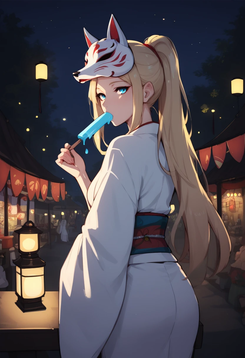 score_8_up, fox mask, mask on head, woman, long hair, blonde hair, white kimono, blue eyes, popsicle,  solo, looking back, 
night, festival, lantern, food stand, outdoors
 <lora:FoxMaskV1-09:1>