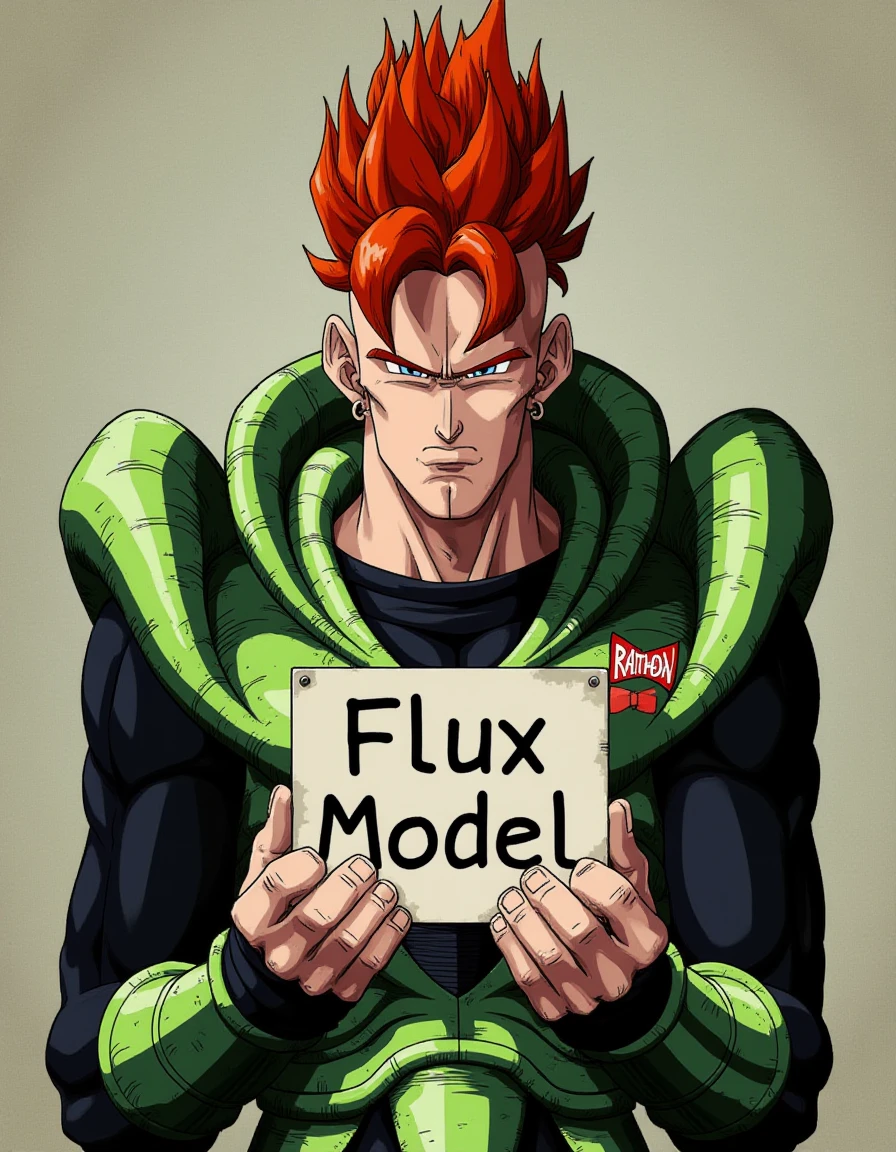 jurok16 man with armor green and red mohawk hair with a sign in hands that says: "Flux Model", in anime style <lora:jurok16:1>