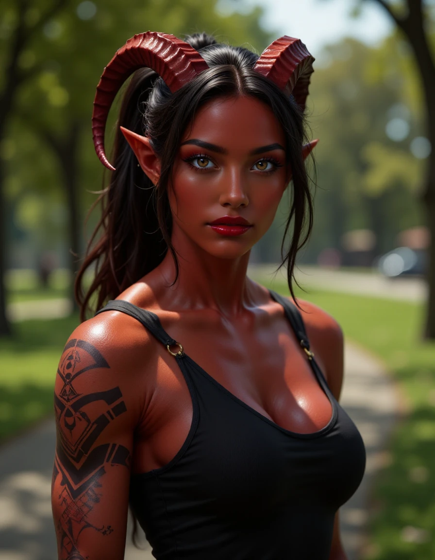 Jed-Tflng, brown eyes, tattoos,  red lips, tall muscular female Tiefling, large red curved horns, deep red skin , wearing a black dress, inside a park, <lora:Tiefling_epoch_6:1>,