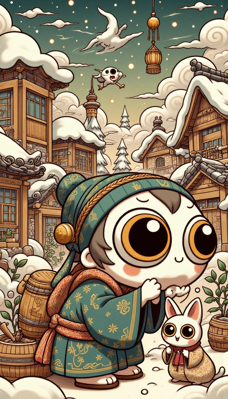 <lora:ZanyEyesStyleFlux:1.0> ZaneyesStyle A turbaned sage stooping low to gentle a loris within ancient temples amidst Mongolian tundra snowstorms.