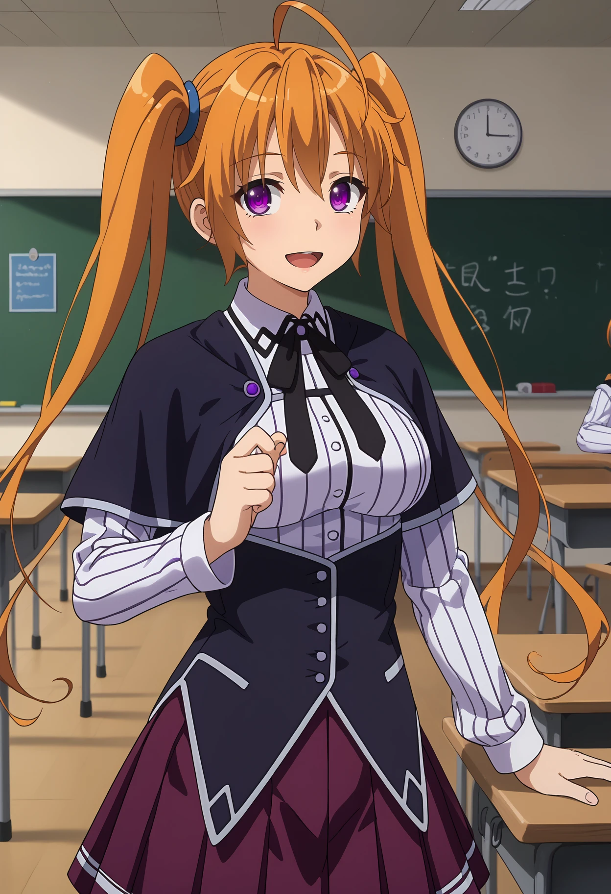 score_9,
<lora:HighschoolDxD_ShidouIrinaXL:0.9>,
1girl, solo, open mouth, light smile,
long hair, twintails, orange hair, purple eyes, ahoge,
IrinaSchool,black capelet, striped shirt, white shirt, neck ribbon, black ribbon, long sleeves, black corset, buttons, pleated skirt, purple skirt,
standing, looking at viewer,
blurry background, indoors, classroom