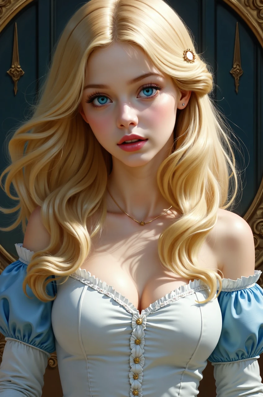 @l1c3, a woman with blonde hair and blue eyes, censored, for kids, intricate, elegant, highly detailed, digital painting, artstation, concept art, smooth, sharp focus, illustration, by artgerm and greg rutkowski and alphonse mucha