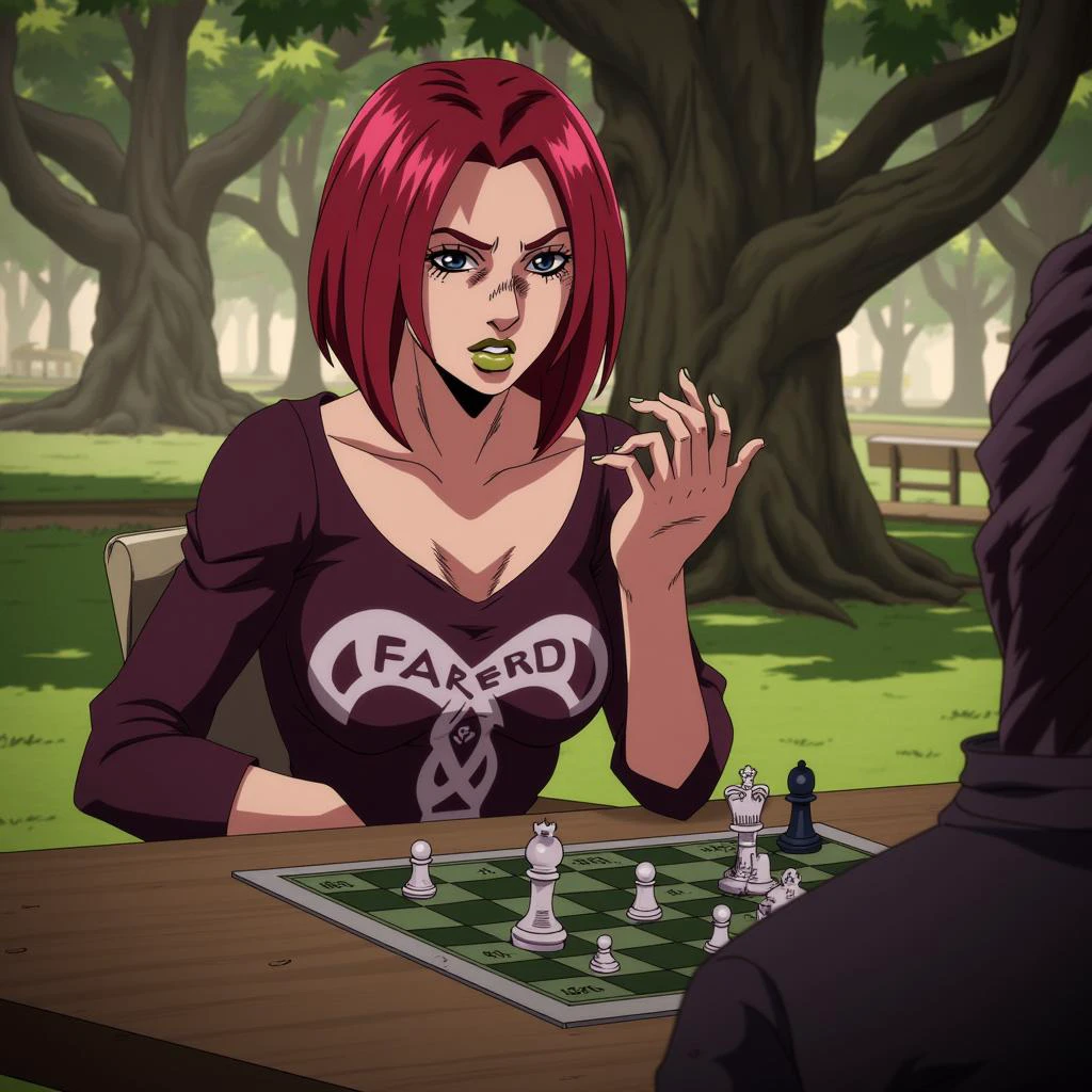 JojosoStyle woman with red hair, playing chess at the park, bomb going off in the background