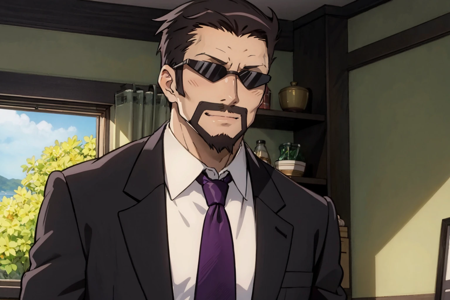 <lora:kasai_lora_dim32_anime:0.8> kasai tatsuyoshi, best quality, 1man, (blush:1.3), smile, sitting, seiza, irori, BREAK mature male, suit, formal, purple necktie, beard, sunglasses, highly detailed, masterpiece