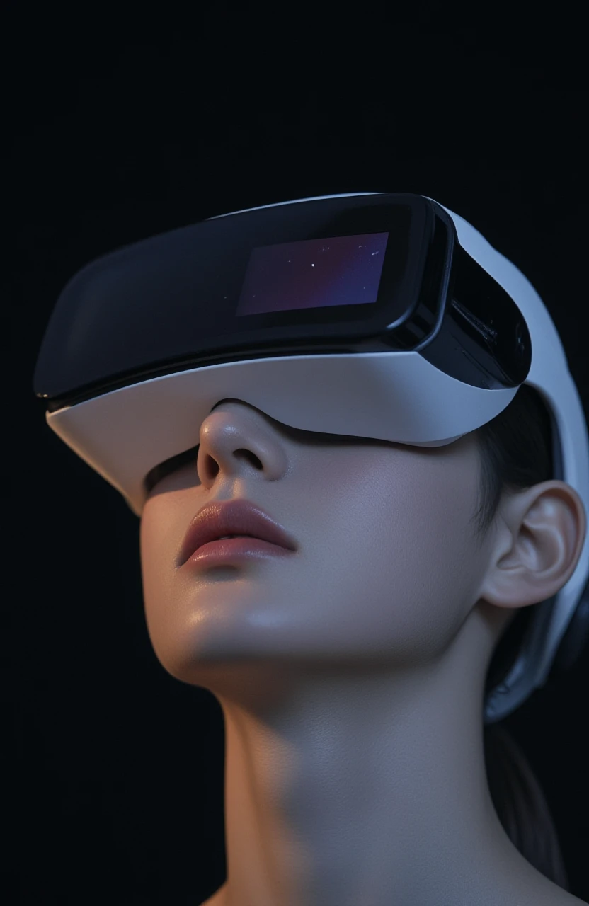 A futuristic portrait of a person using a VR headset, deeply immersed in a virtual world.

Details: The person is wearing a sleek VR headset, their face partially obscured, with a soft glow from the screen reflecting on their skin. The background is kept dark to focus entirely on the subject and the technology.
Environment: A minimalist, dark studio setting that emphasizes the futuristic and immersive nature of the VR experience.
Style: High-tech, futuristic portrait photography with a focus on immersive technology.
Lighting: Low-key lighting with focused highlights to enhance the reflective surfaces of the VR headset.
Mood: Futuristic, immersive, and intense.
Resolution: Ultra-high resolution to capture the subtle details of the headset and the textures of the subject’s skin.