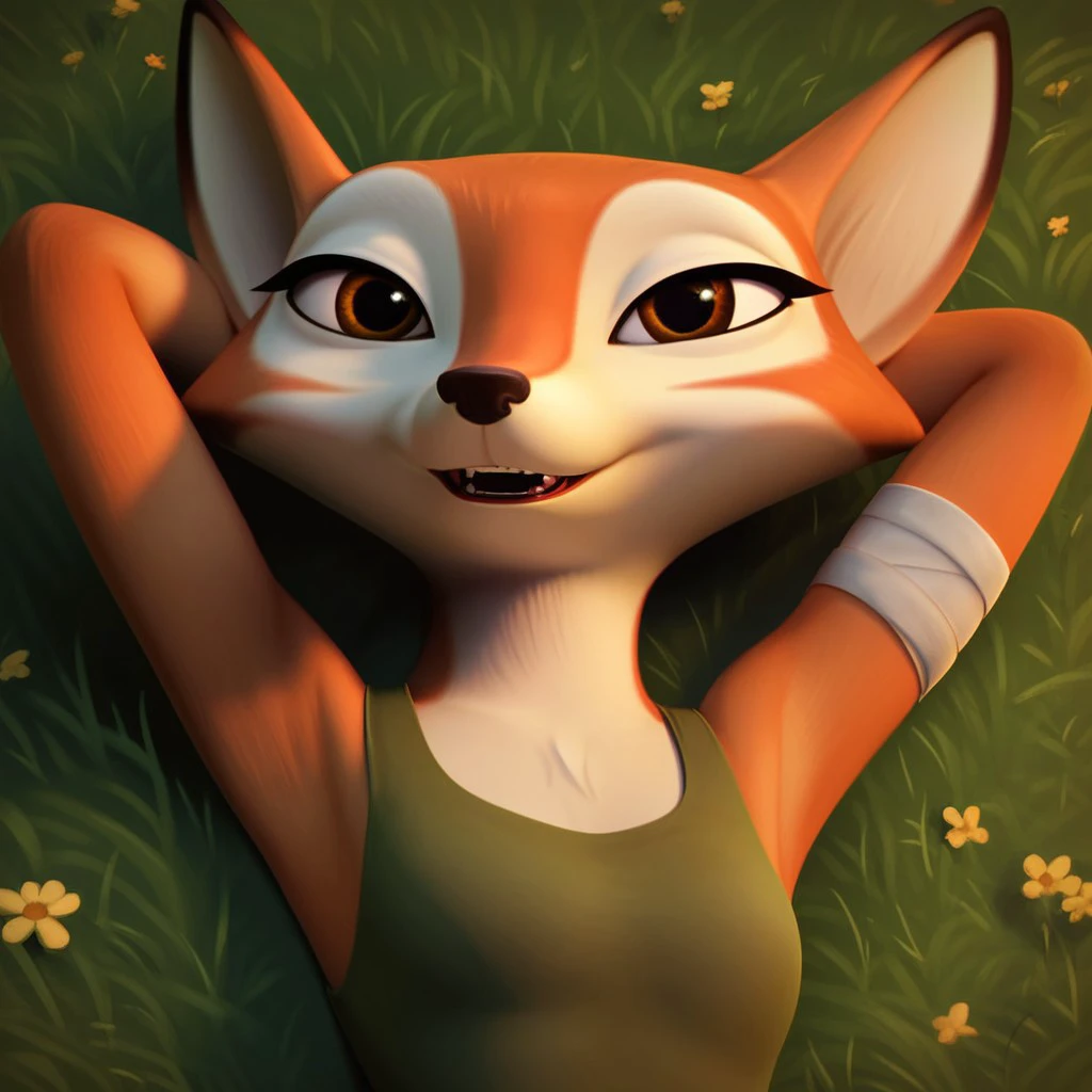 score_9, score_8_up, score_7_up, 1boy, solo, 3 toes, 5 fingers, Expressiveh, (VixSAST, furry, anthro, fox girl, fox tail, brown eyes, orange body, orange fur, green tank top, arm bandage, close-up), lying, lying on grass, bedroom eyes, grass, night, romantic ambiance, hands behind head, smile, open mouth, teeth, looking at viewer, detailed background, 4k, masterpiece, best quality, highly detailed, realistic