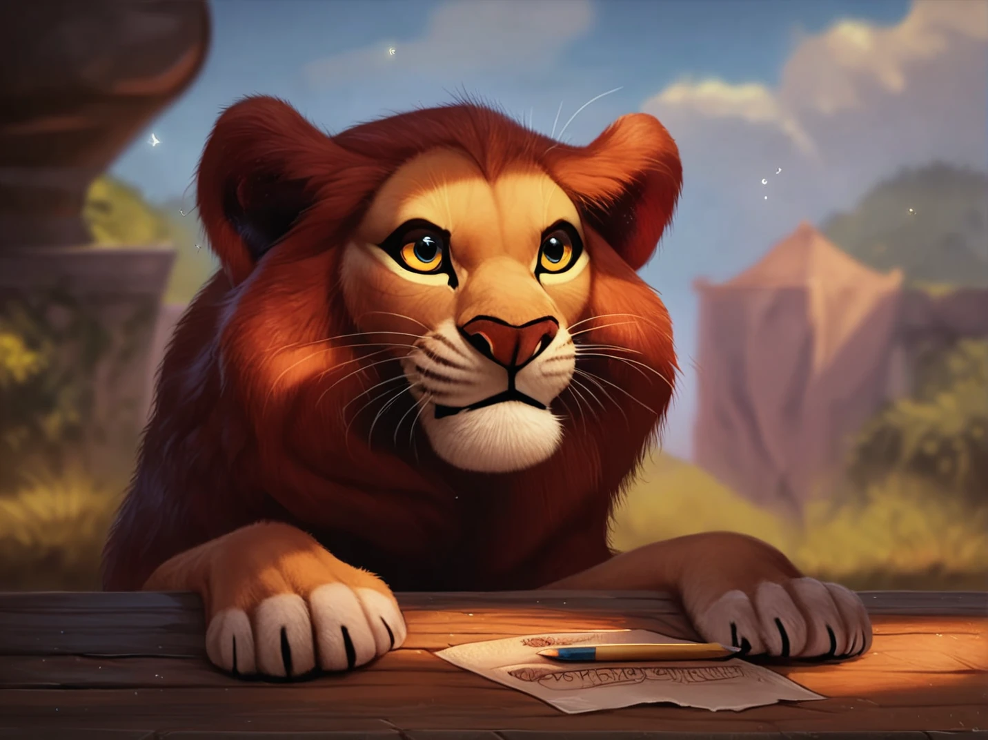 <lora:Anchee_Style_PonyXL_r1:0.8> by anchee, anchee,  score_9, score_8_up, score_7_up, score_6_up, score_5_up, score_4_up, source_furry, rating_safe, feral, the lion king,  detailed background,  feline, detailed fur, digital drawing \(artwork\), pencil \(artwork\), at a market