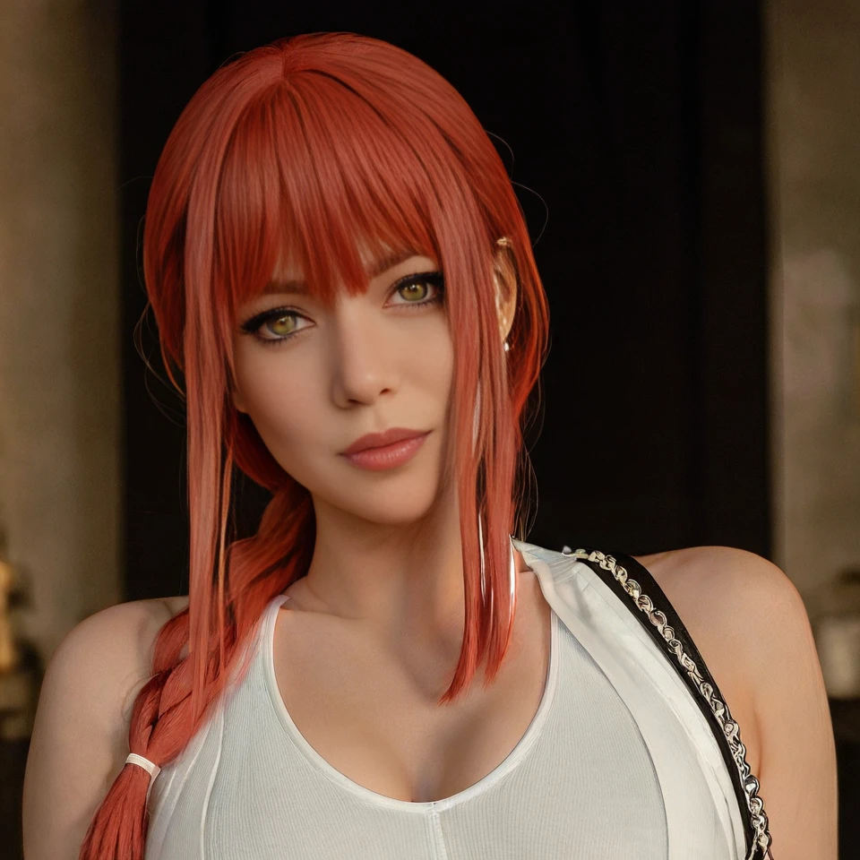 MakimaLora, 1girl, solo, breasts, looking at viewer, bangs, jewelry, yellow eyes, sidelocks, red hair, earrings, bra, chain, realistic, ringed eyes, makima \(chainsaw man\) <lora:MakimaLoraV3_animagine:0.9>