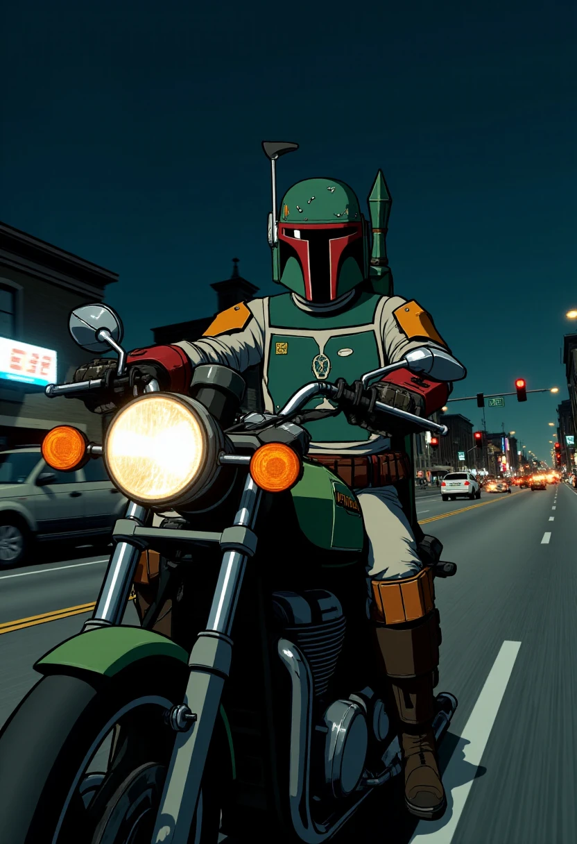 hifirushstyle, Boba Fett riding a motorcycle through the streets at night.