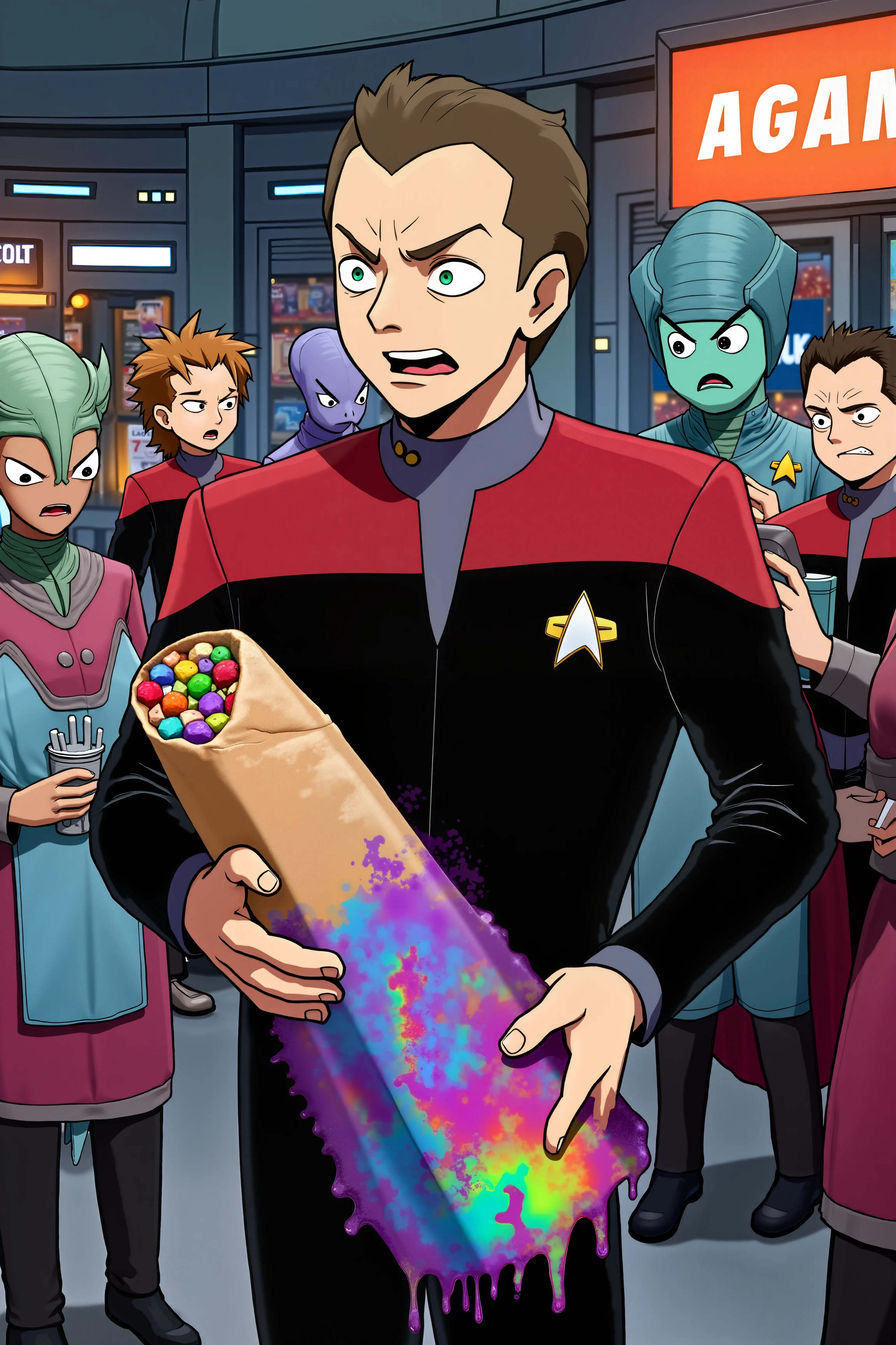 A funny anime scene featuring a person in a black Voyager uniform with red shoulders. The character, with an exaggeratedly serious expression, is caught in a comic mishap while trying to navigate a bustling space station marketplace. They’re holding a massive, absurdly oversized space snack—a giant, glowing, multi-flavored space burrito—while a mischievous alien vendor hovers nearby, snickering. The character’s uniform is slightly disheveled, and they’ve accidentally spilled a colorful, alien drink all over themselves. The drink has left a neon-colored stain that humorously resembles a galaxy map. Around them, various quirky aliens and futuristic shoppers are reacting with exaggerated expressions of surprise and amusement, adding to the comedic atmosphere. The background features a vibrant array of alien goods and futuristic signage, with exaggerated, dynamic lines highlighting the humorous chaos of the scene.