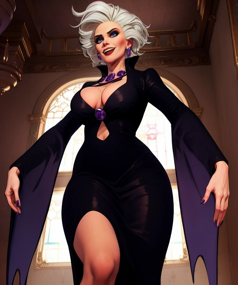 helenbierce,white hair,blue eyes,
black dress,jewelry,cleavage,purple gem,wide sleeves,long sleeves,
smile,curvy,from below,smug,
indoors,castle,dark corners,
(insanely detailed, masterpiece, best quality) solo,<lora:helenbierce:0.9>,