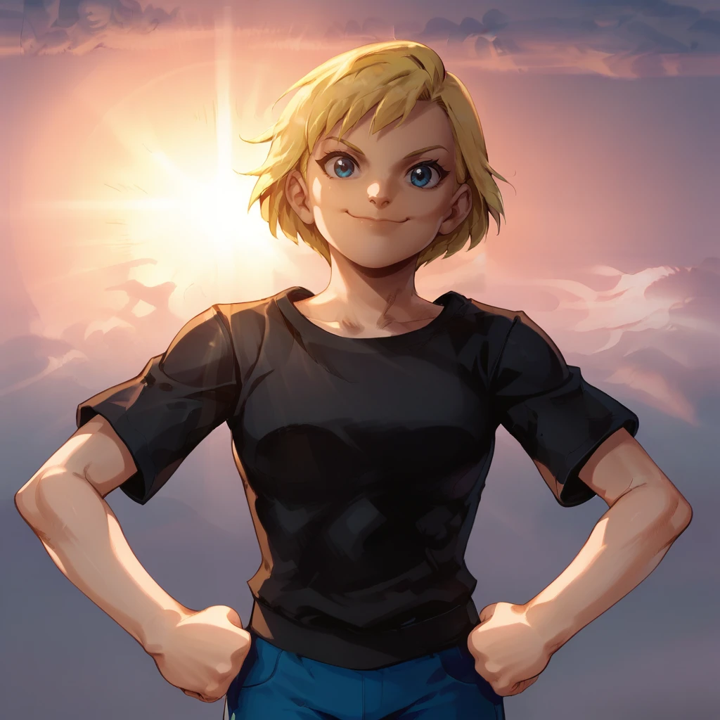 score_9_up, score_8_up, BREAK, SuperSmile, 1girl, solo, blonde hair, short hair, blue eyes, black shirt,  short sleeves, blue pants, smile, closed mouth,  sunrise,  sky,  cloud,  sunset, sunlight,  light rays, outdoors, hands on own hips, clenched hands,  <lora:SupermanSmile_PXL_Leaf3_r2:0.8>, looking at viewer,