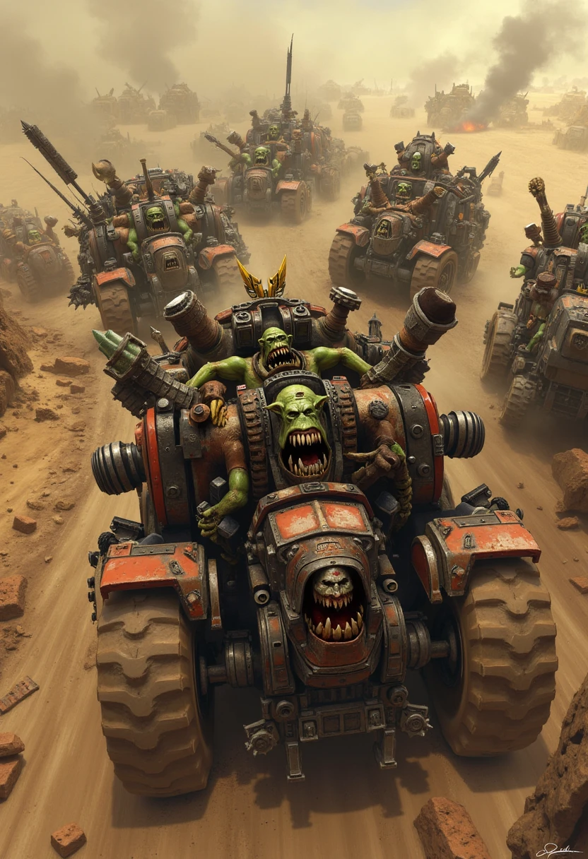 An Ork warband barrels down a dusty road, their makeshift wartrukks and warbikes jostling for position as they race towards the next battle. The Orks, eager for a good scrap, shove and punch each other, laughing uproariously as they fight for the best spot in the convoy. Some Orks cling to the sides of the vehicles, brandishing their weapons and shouting challenges at their fellow warriors. The road is lined with wreckage from previous battles, but the Orks pay no heed—they’re too focused on the carnage ahead. Dust, debris, and the smell of burning fuel fill the air as the warband charges forward, a rolling wave of noise, violence, and pure, unbridled chaos.