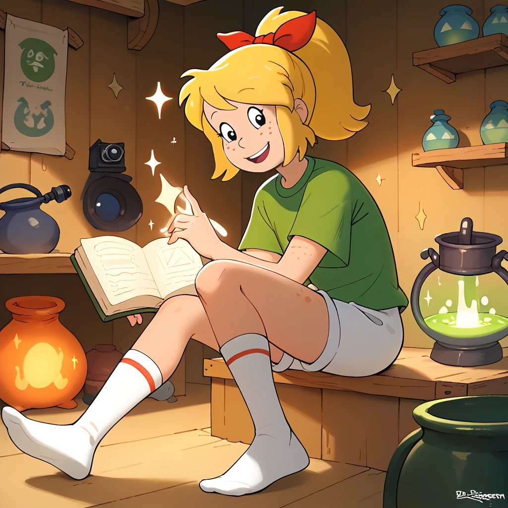score_9, score_8_up, score_7_up, 1girl, solo, uncensored, <lora:BibiBlocksbergXL_v1.2-000065:1> bibi blocksberg, smile, open mouth, happy, blonde hair, red ribbon, freckles, high ponytail, green shirt, white shorts, white socks, inside, hut,
cauldron, boiling, casting spell, sparkle, big book,