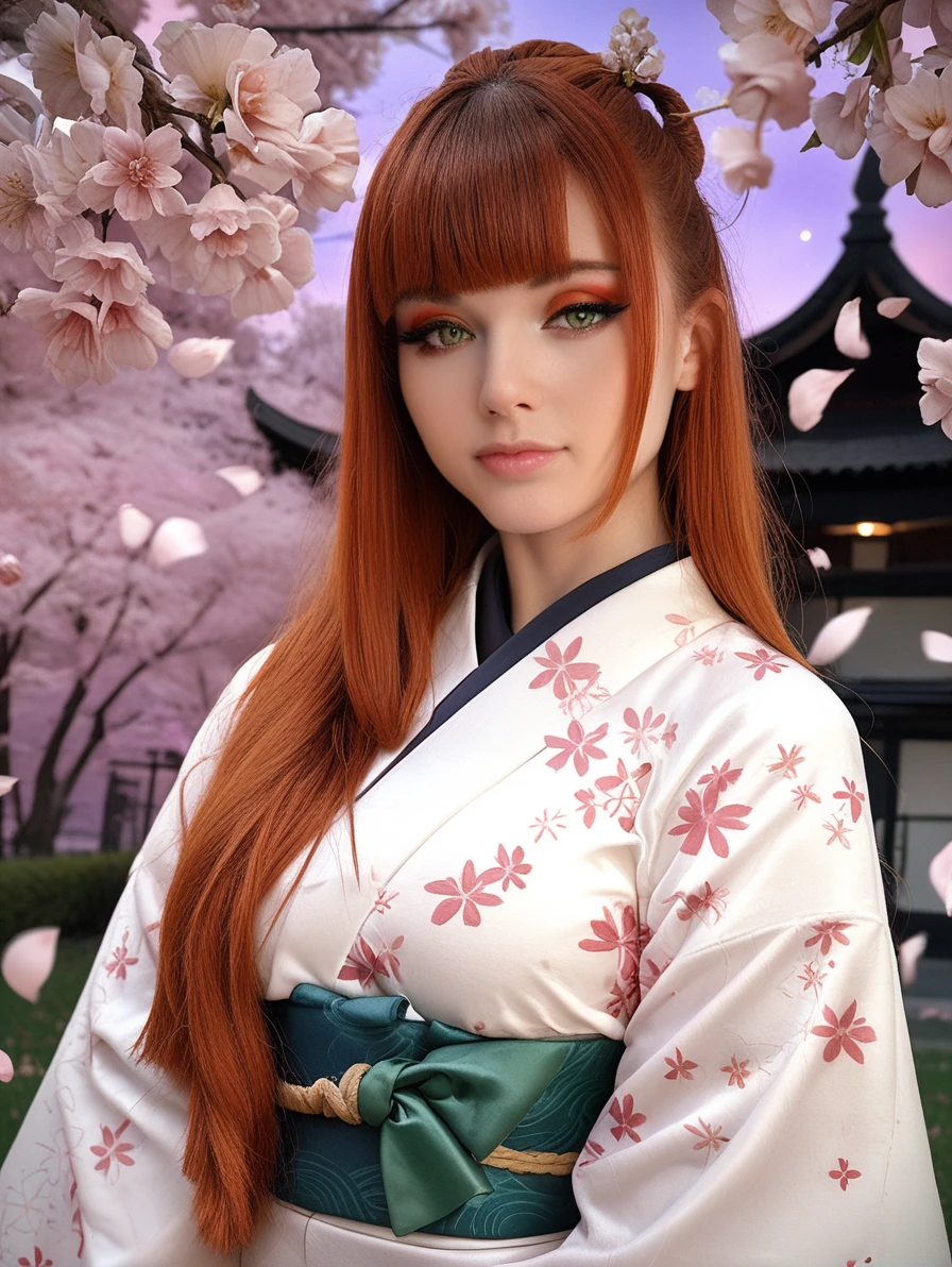 amouranth, score_9, score_8_up, score_7_up, score_6_up, score_5_up, 1girl, solo, long hair, alluring, eyeshadow, kimono, green eyes, cherry blossoms, orange hair, looking at viewer, bangs, night, sash, outdoors, white kimono, obi, blunt bangs, floral print, hime cut, sky, detailed, night sky, very long hair, long sleeves, upper body, green bow, bow, wide sleeves, flower, petals, closed mouth, straight hair, detailed background, <lora:Amouranth_Pony_DoRa_32b:0.95>