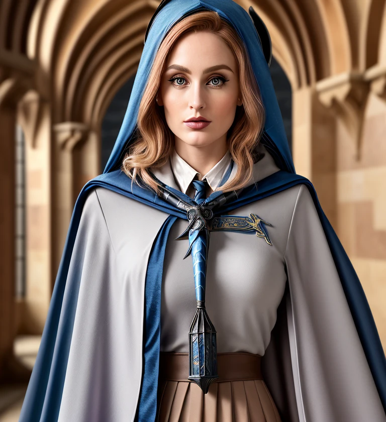 <lora:p34ch_20SD-000007:0.8>, a (close up:1.2) photograph of 22 year old beautiful(p34ch woman:1.2) as a professor at Hogwarts,wearing a (Ravenclaw magician cloak:1.4),holding up an exquisite carved magic wand,standing in a long hallway,with gothic stone archways,with stained glass windows,(dramatic pose:1.2),long dark dark hair,smirk,lips,makeup and eyeshadow,wearing pewter jewelry,(face focus),(looking at viewer),(close up shot:1.3)professional portrait, 4k wallpaper, highly detailed, bokeh