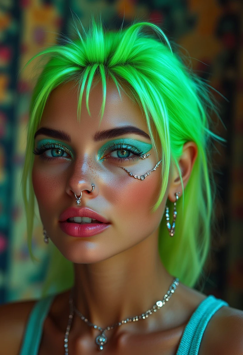 An ultra-detailed, high-resolution portrait of a woman with neon green hair, styled in an avant-garde fashion, featuring intricate facial piercings: a double eyebrow ring, a septum piercing, and a labret stud. The scene is illuminated with soft, diffused lighting, creating a striking contrast between her punk-inspired look and her delicate, ethereal features. The background is a blend of abstract colors, giving the image a surreal, artistic vibe.