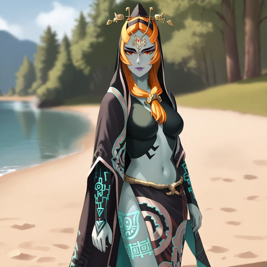 <lora:midnazelda_pony_v1:1>  midna, 1girl, front ponytail, red eyes, medium breasts, colored skin, navel, hood, long hair, orange hair, makeup, no nipples, yellow sclera, two-tone skin, cowboy shot