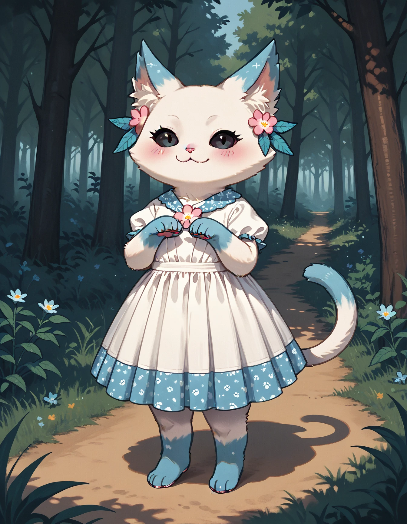 score_9, score_8_up, score_7_up, score_6_up, score_5_up, score_4_up
Minto, white fur, black sclera, black eyes, pink nose, cat tail, no humans, blue pattern on the ears, blue paws, white dress, nature
 <lora:Minto_XL:0.9>