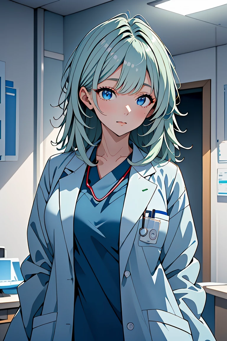 (RAW photo, best quality,facing the viewer,from front), operating room, overhead surgical light,blurred background, focused, dithering,backlighting,
 <lora:CMC924_Jade_Yamamoto_V1.0:0.9> cmc924, jade yamamoto, 1girl, solo, green hair, blue eyes,
 <lora:DW_PG_Doctor_LabcoatOverScrubs1_1:0.8> labcoat and scrubs, 1girl, solo, looking at viewer, stethoscope,