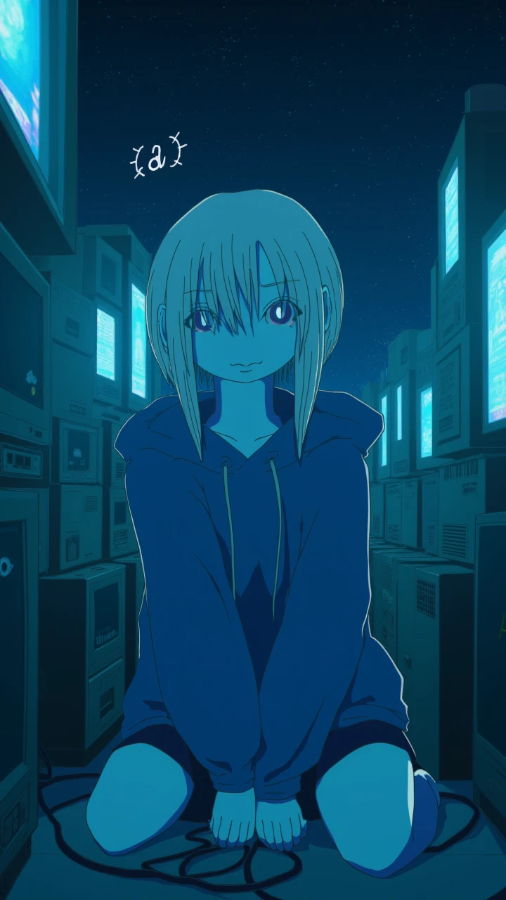 In the style of 240_mado, The image is a digital drawing in an anime style,In this scene, Gawr Gura is seated in the middle of a small, dimly lit room, surrounded by old CRT screens stacked and lined along the walls. Each screen emits a soft, eerie glow, casting shadows and creating an almost haunting atmosphere. Gura's face is bathed in the bluish light, highlighting her wide, curious eyes, which reflect the flickering images on the screens. Sheâs wearing her iconic shark hoodie, the hood down, revealing her short, silver-blue hair with its characteristic wispy bangs. Her expression is calm yet slightly mysterious.  From her slightly parted lips, a single, delicate letter "A" floats out in a cursive font, shimmering faintly as it drifts into the air. The room is sparse, with cables snaking across the floor and the faint hum of the monitors filling the otherwise silent space. The overall mood is a blend of the nostalgic and the surreal.