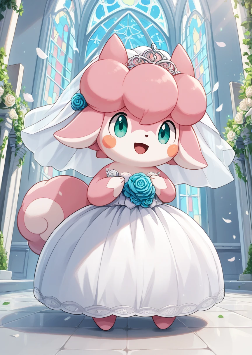 score_9, score_8_up, score_7_up, score_6_up, score_5_up, BREAK
Saline, smile, detailed background, church, open mouth, green eyes, standing, full body, aqua eyes, no humans, blush stickers, happy, pink fur, furry, pokemon (creature), wedding dress, wedding veil