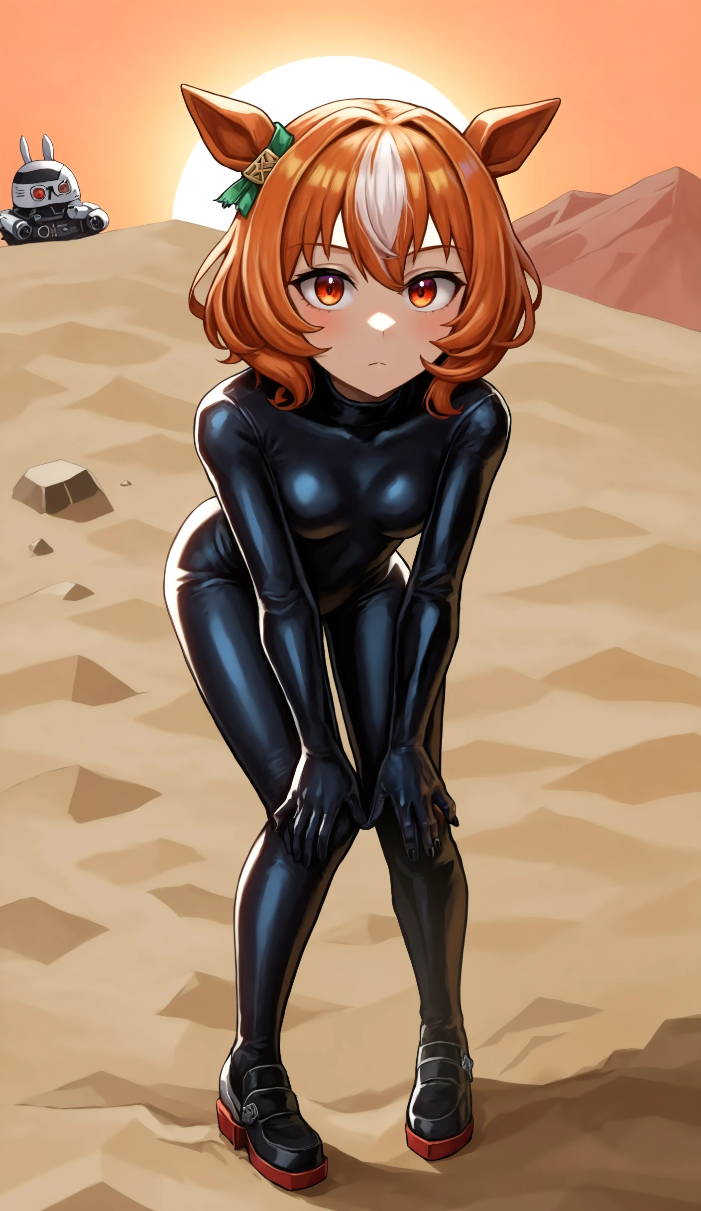 (masterpiece), best quality, expressive eyes, perfect face, 1girl, solo, tomboy, mature female, big breasts, short hair, skindetation, orange hair BREAK hair buns, double buns, blue eyes BREAK latex bodysuit, black suit BREAK standing, smirk, open mouth, arms behind back, desert, straight landscape, day sky