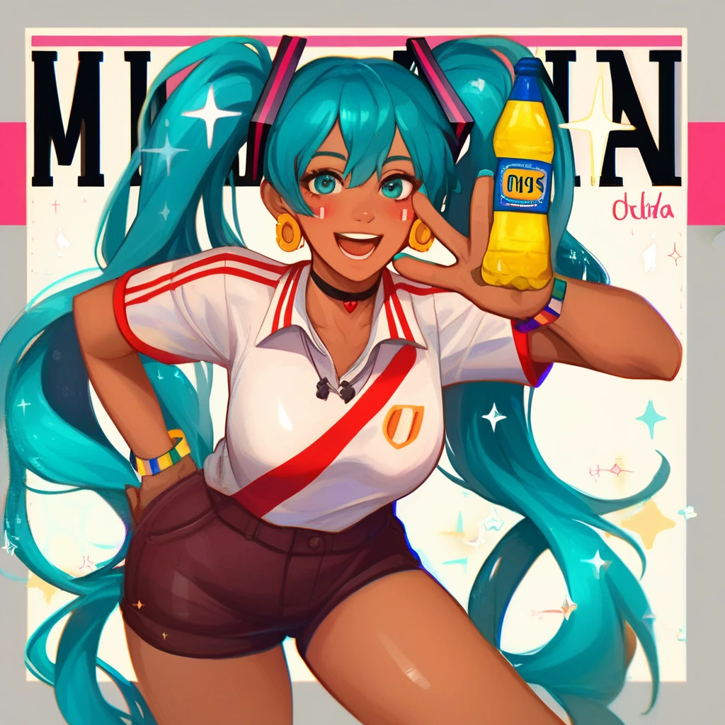 score_9, score_8_up, score_7_up, 1girl, solo, long hair, breasts, looking at viewer, smile, open mouth, shirt, white background, holding, twintails, jewelry, medium breasts, very long hair, heart, cowboy shot, earrings, shorts, teeth, choker, artist name, dark skin, bracelet, aqua eyes, dark-skinned female, sparkle, v, aqua hair, bottle, hatsune miku,
