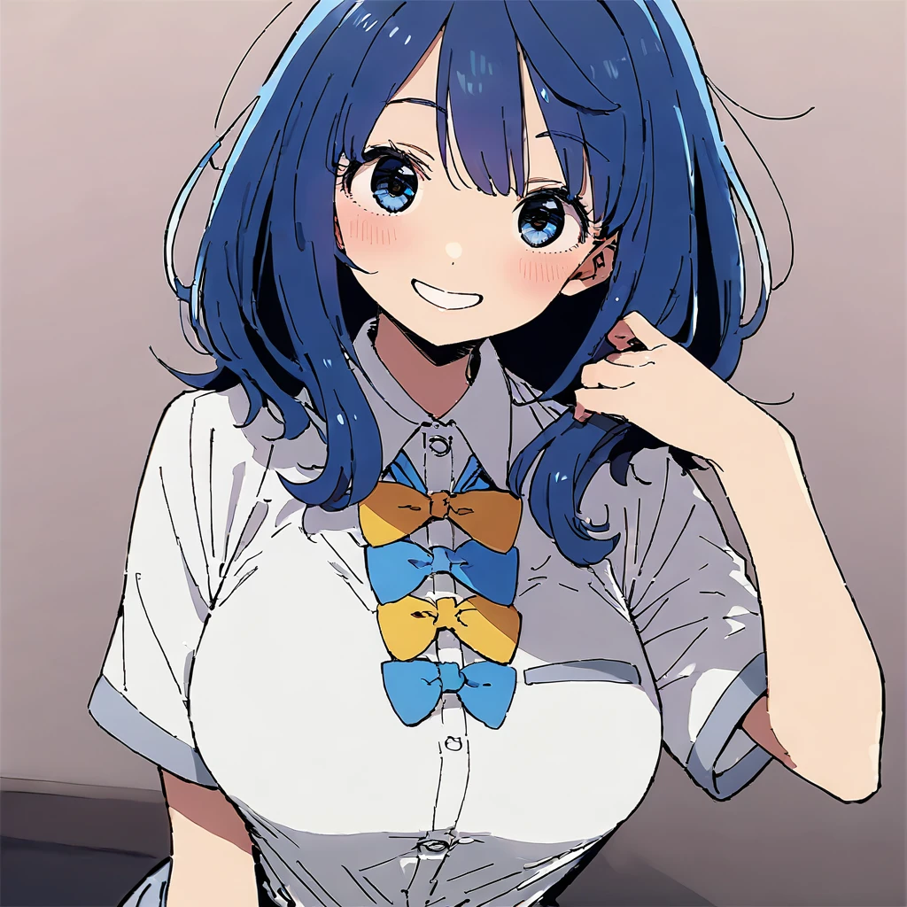 1girl,solo,highres,masterpiece,best quality,imigimuru,
blue hair,ahoge,medium hair,looking at viewer,smile,blush,white shirt,medium breasts,<lora:Yanami.V1.3 XL zeta-000020:0.8>,