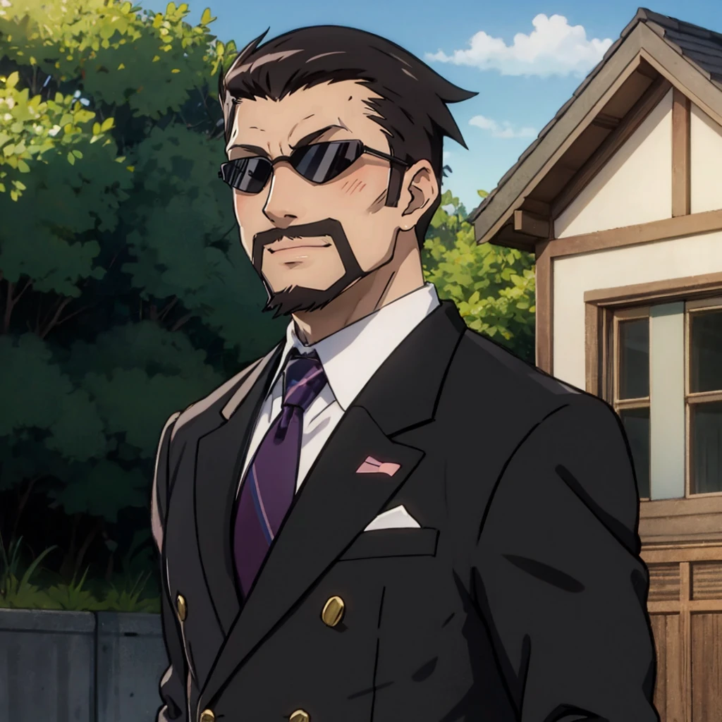 <lora:kasai_lora_dim32_anime:0.8> kasai tatsuyoshi, best quality, 1man, (blush:1.3), smile, standing, outdoors, BREAK mature male, suit, formal, purple necktie, beard, sunglasses, highly detailed, masterpiece