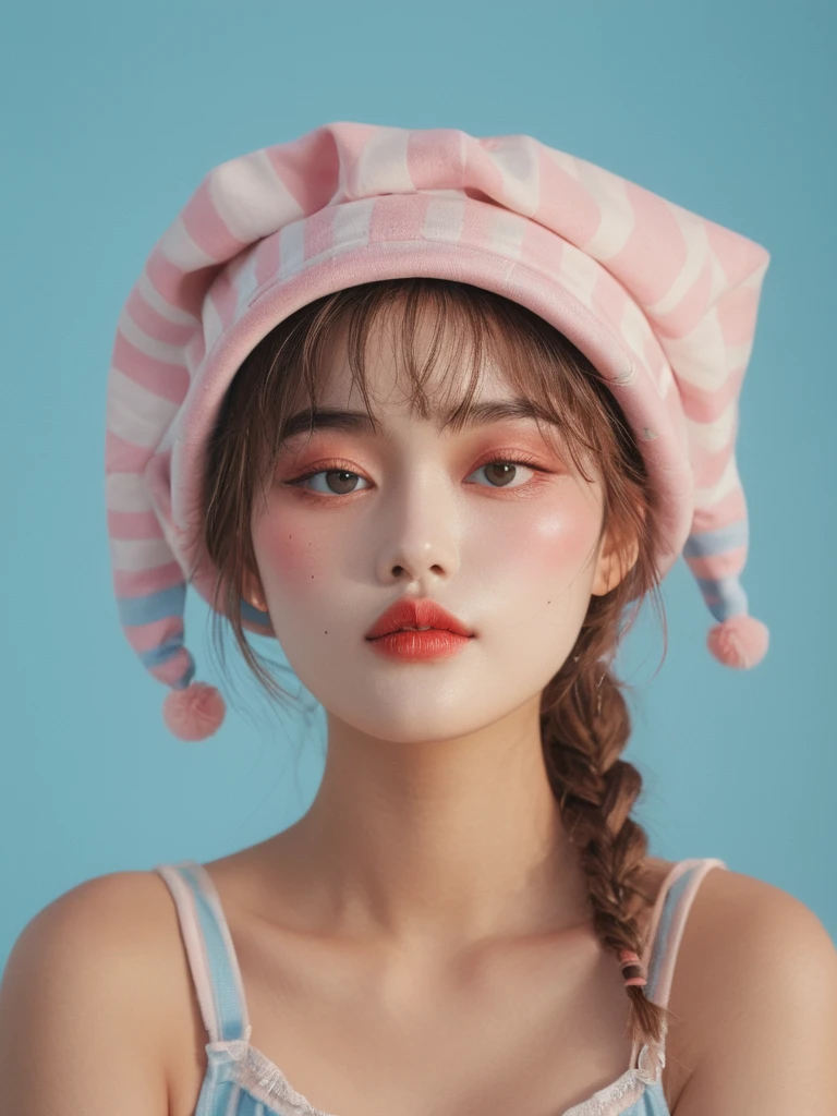 profile portrait, (wearing  jester stripe Hat , jocker hat:1.3)
full body of a girl, fashion magazine, detailed face, realistic lighting, high resolution, light pink and light blue, sharp focus,
misa <lora:Misa V1_epoch_8:1>, (best quality:1.3), photo-realistic, highly detailed, high resolution RAW photo, film grain