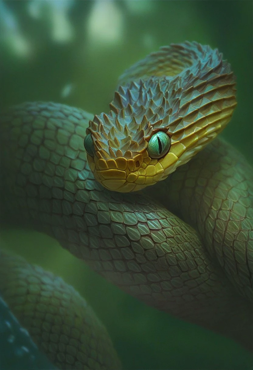 score_9, score_8_up, score_7_up, score_4, score_5, score_6, source_furry, feral snake, Spiny viper, spiny scales, sitting in a tree, tree, jungle, leaves, view from above,