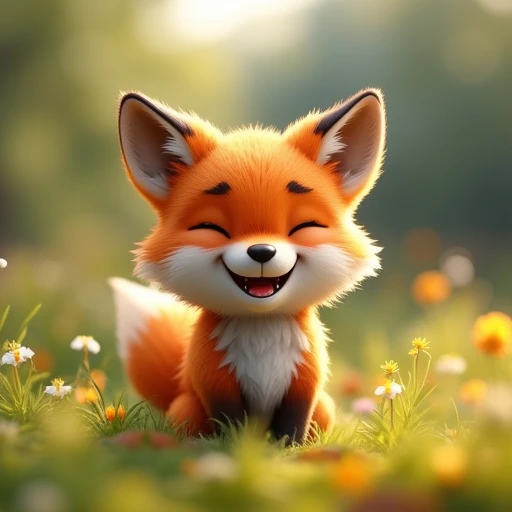 a realistic cute extreme doodle chibi fox character smiling in the wilderness, doodle art style, super hyper realistic, cinematic volumetric lighting, shot with Sony Fx6