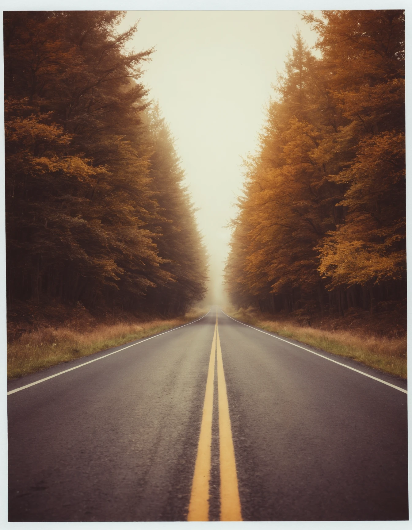 polaroid photo of a road, warm tones, perfect landscape