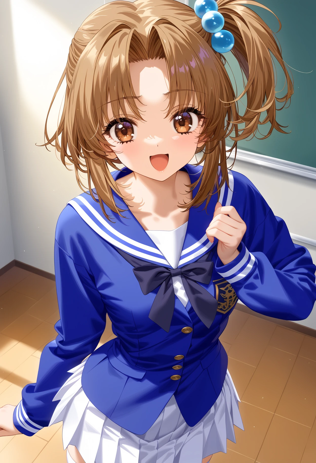 masterpiece,best quality,very aesthetic,absurdres,intricate details,1girl,
<lora:SHINBASHI_RINA_V1:1>,rina_shinbashi,brown eyes,brown hair,short hair,hair ornament,Side ponytail,small_breasts,school uniform,blue sailor suit,long sleeves,white pleated skirt,white_thighhighs,
<lora:Fixhands_anime_bdsqlsz_V1:1>,standing,stylish_pose,classroom,:d,cowboy_shot,looking_at_viewer,, masterpiece,best quality, very aesthetic, absurdres, ultra detailed, high resolution, 4k, extremely detailed CG,