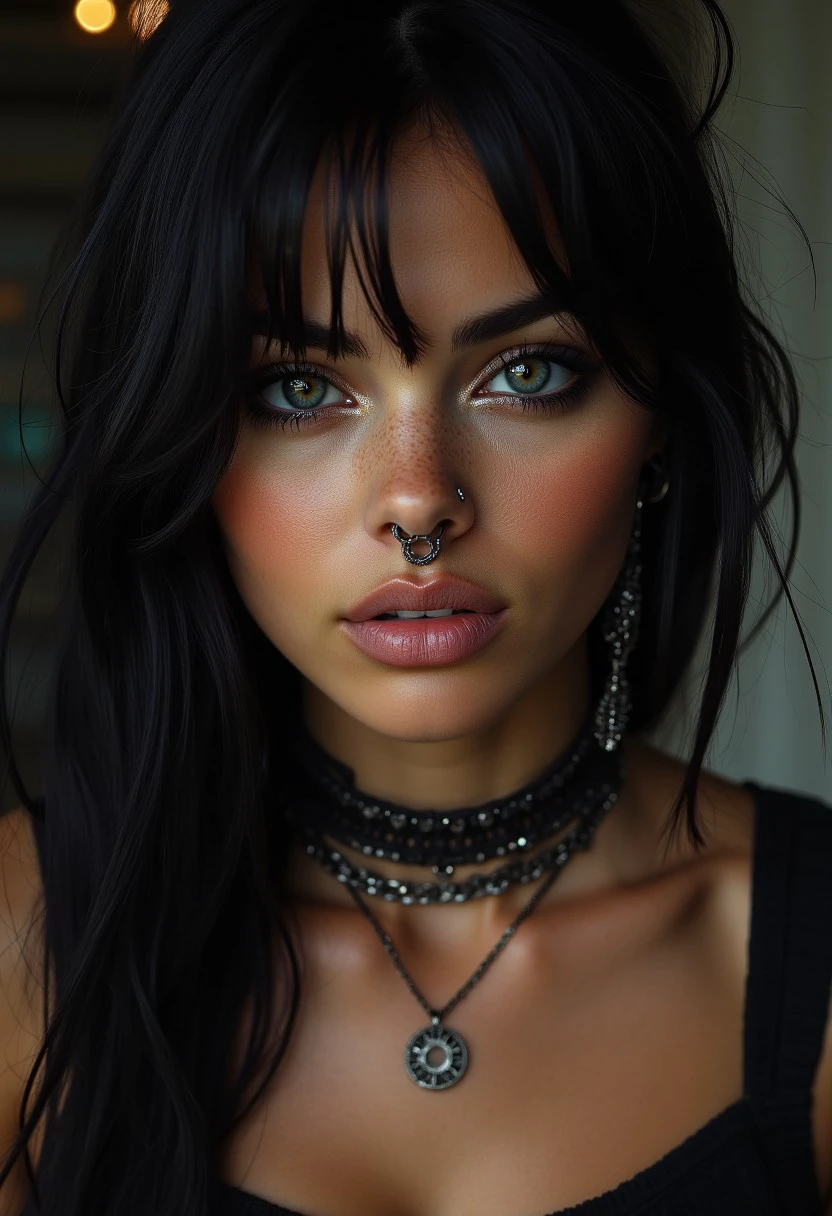 Low-angle shot of a beautiful woman with dark, moody makeup, her black hair styled in loose waves. Her face is adorned with a variety of piercings, including a bridge piercing, a Monroe piercing, and a cluster of earrings. The lighting is stark, casting deep shadows that emphasize the contours of her face, giving her an edgy, rebellious look. The background is a grungy, industrial setting, adding to the overall alternative and bold aesthetic.