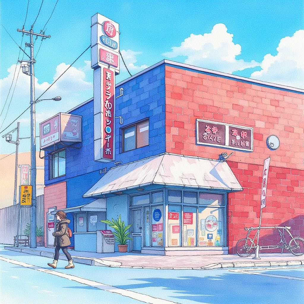Watercolor,hand drawn,Best picture quality, masterpiece, high definition, 4K, The picture is colorful. There is a girl walking on the sidewalk. The girl is wearing a black coat. The building is blue and red. The sign on the front of the building is white. The sky is blue with white clouds. The ground is blue. There are white lines painted on the ground.