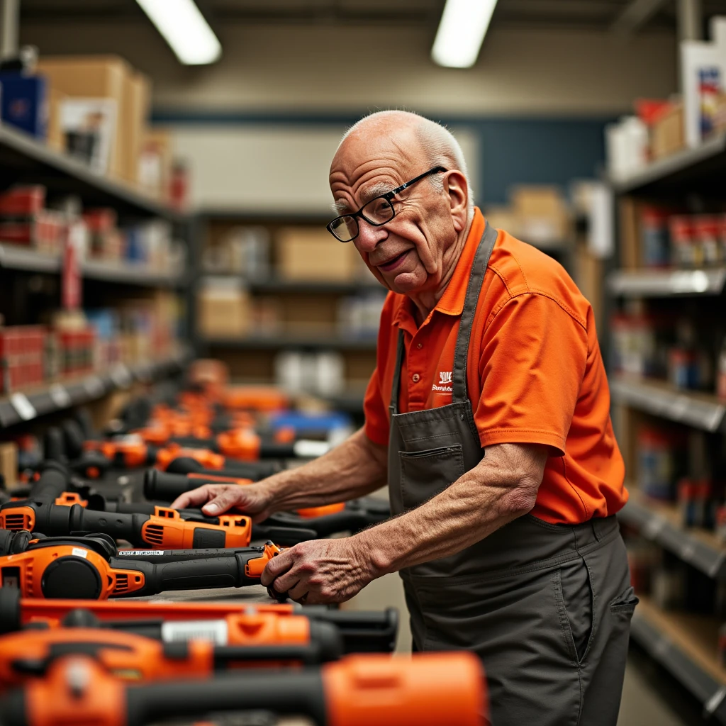 RupertMurdoch, a an old man working at a homedepot . He is wearing a homedepot outfit. He is standing in an isle with many powertools. 